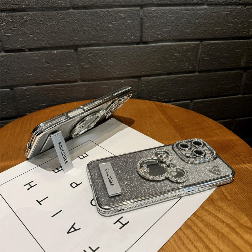 閃粉鏡子支架手機殼適用iphone17promax蘋果16邊框鑲鑽14帶鏡頭膜