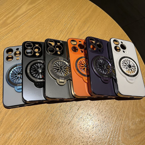 適用iPhone16手機殼AG磨砂電鍍旋轉陀螺磁吸支架蘋果15護鏡保護套