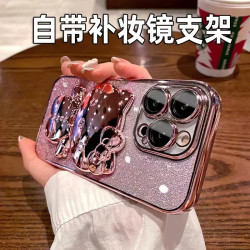 iPhone16Promax手機殼卡通可愛貓咪補妝鏡蘋果15電鍍支架保護套軟
