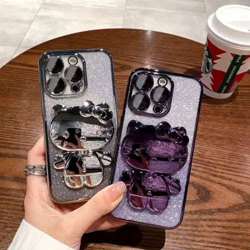 iPhone16Promax手機殼卡通可愛貓咪補妝鏡蘋果15電鍍支架保護套軟