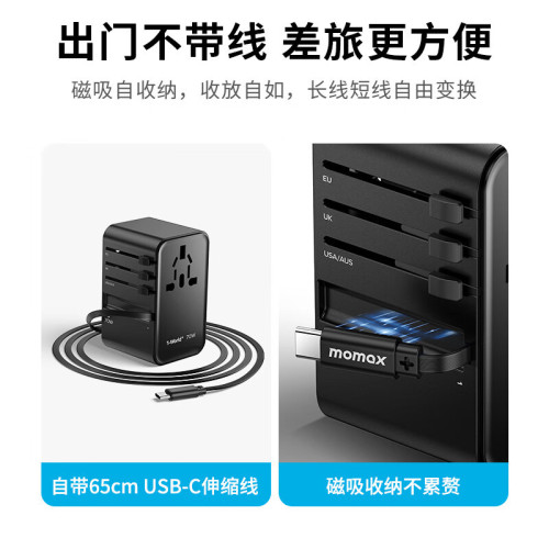 新品MOMAX摩米士70W氮化鎵全球通用旅行轉換插頭自帶線PD快充充電
