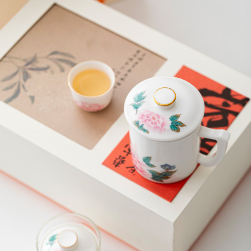 羊脂玉陶瓷帶蓋過濾辦公杯水杯旅行茶具套裝大號泡茶杯禮盒伴手禮