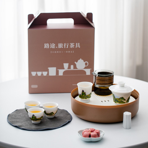 旅行茶具小套裝戶外露營可攜式茶壺蓋碗配茶盤陶瓷功夫茶具套組 旅行茶具小套裝戶外露營可攜式茶壺蓋碗配茶盤陶瓷功夫茶具套組