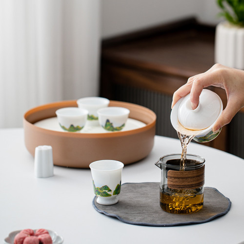 旅行茶具小套裝戶外露營可攜式茶壺蓋碗配茶盤陶瓷功夫茶具套組 旅行茶具小套裝戶外露營可攜式茶壺蓋碗配茶盤陶瓷功夫茶具套組