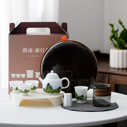 旅行茶具小套裝戶外露營可攜式茶壺蓋碗配茶盤陶瓷功夫茶具套組 旅行茶具小套裝戶外露營可攜式茶壺蓋碗配茶盤陶瓷功夫茶具套組
