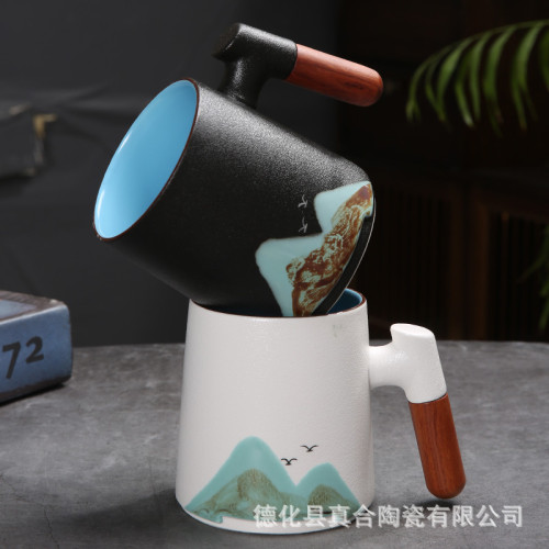 遠山陶瓷帶蓋茶杯辦公商務禮品馬克杯木柄泡茶杯木柄刻 遠山陶瓷帶蓋茶杯辦公商務禮品馬克杯木柄泡茶杯木柄刻