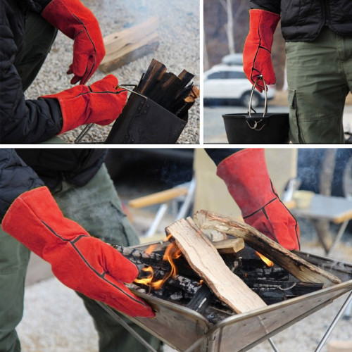 戶外BBQ手套野營生火燒烤牛皮耐高溫隔熱加厚加長銲接防護手套