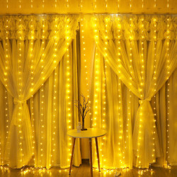 室內外掛鉤led燈串3*3m背景牆聖誕節裝飾窗簾燈USB八功能銅線彩燈