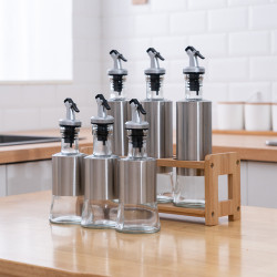不鏽鋼玻璃油壺木架噴油瓶廚房用品炊具按壓式現代簡約小工具套裝