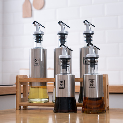不鏽鋼玻璃油壺木架噴油瓶廚房用品炊具按壓式現代簡約小工具套裝