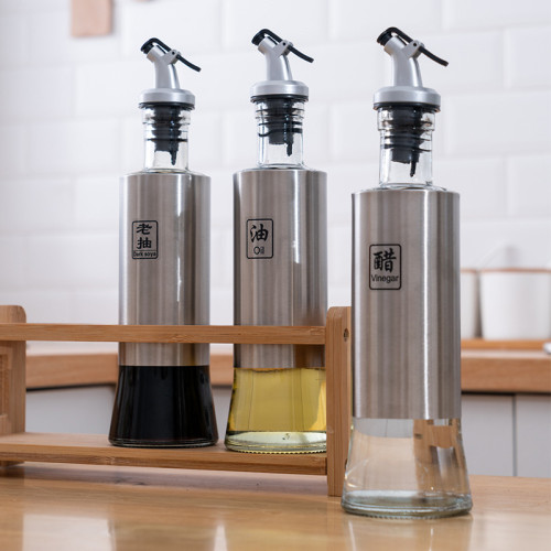 不鏽鋼玻璃油壺木架噴油瓶廚房用品炊具按壓式現代簡約小工具套裝
