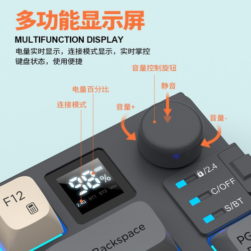 炫銀狐K920無線藍牙雙模機械手感鍵盤滑鼠套裝帶顯示屏旋鈕三拼色 炫銀狐K920無線藍牙雙模機械手感鍵盤滑鼠套裝帶顯示屏旋鈕三拼色