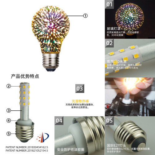 LED3D菸花燈泡E27螺口 A60玻璃泡節日喜慶聖誕氛圍裝飾玻璃罩光源 LED3D菸花燈泡E27螺口 A60玻璃泡節日喜慶聖誕氛圍裝飾玻璃罩光源