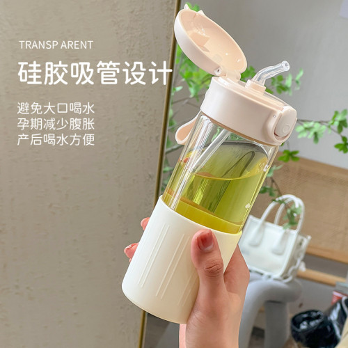 玻璃水杯夏季防燙泡茶杯子學生高顔值ins風吸管杯家用耐高溫