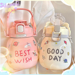 大肚保溫杯女生高顔值ins簡約大容量杯子316不鏽鋼水杯便捷吸管杯