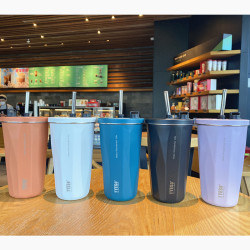泰碩稜形吸管杯不鏽鋼保溫車用咖啡杯隨行情侶保溫保冷健身杯