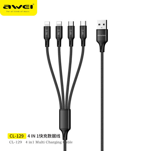AWEI用維CL-129一拖四快充數據線尼龍線線多股線芯更快捷 AWEI用維CL-129一拖四快充數據線尼龍線線多股線芯更快捷