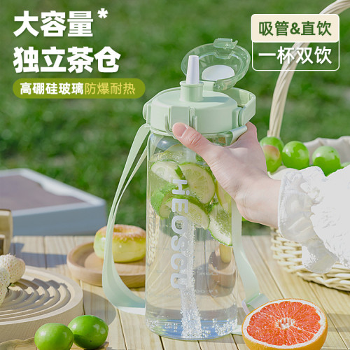 大容量玻璃杯子耐高溫女生高顔值夏天2000ml可攜式帶吸管大肚水杯