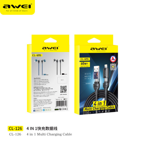 AWEI用維CL-126鋁合金外殼多機型兼容充電線 四頭快充數據線 AWEI用維CL-126鋁合金外殼多機型兼容充電線 四頭快充數據線