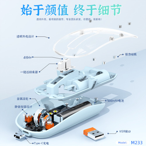 M233透明水晶磁吸滑鼠無線藍牙三模充電款靜音商務辦公充電式 M233透明水晶磁吸滑鼠無線藍牙三模充電款靜音商務辦公充電式