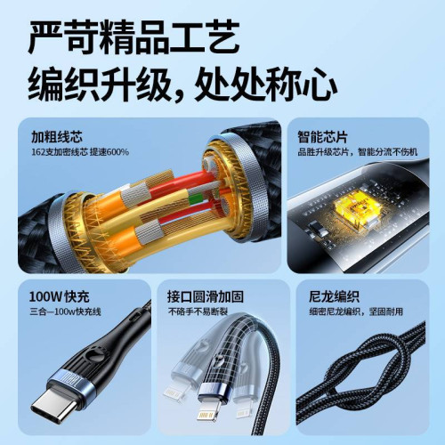 100W品勝適用蘋果三合一線數據線超級車用一拖三快充手機安卓華爲 100W品勝適用蘋果三合一線數據線超級車用一拖三快充手機安卓華爲