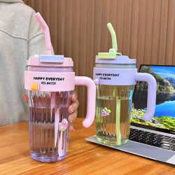 大容量水杯高顔值花茶手柄吸管雙飲咖啡杯家用辦公隨手杯學生妹杯