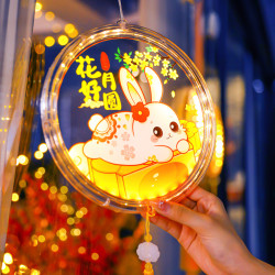 發光玉兔花好月圓吸盤led彩燈掛件中秋節日氛圍室內裝飾布置掛飾