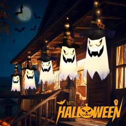 萬聖節裝飾布藝巫師帽幽靈掛飾led彩燈鬼節氛圍發光室內布置道具