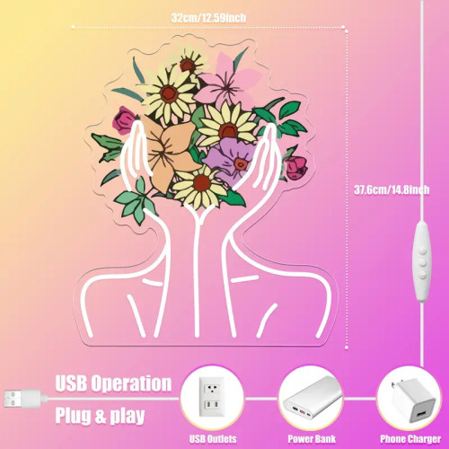 可調光美女花朵UV打印霓虹燈臥室花店裝飾牆面亞克力底板led燈