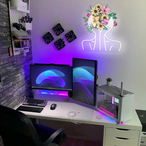 可調光美女花朵UV打印霓虹燈臥室花店裝飾牆面亞克力底板led燈