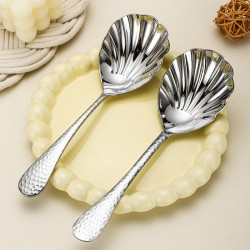 304不鏽鋼勺子 厚款鎚紋創意貝殼公用勺荷花勺家用調羹分餐服務勺