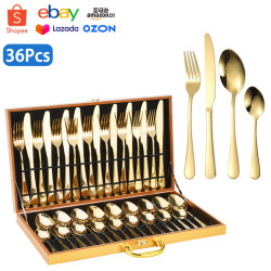 1010不鏽鋼刀叉勺餐具套裝 金色木盒36件套刀叉勺套裝