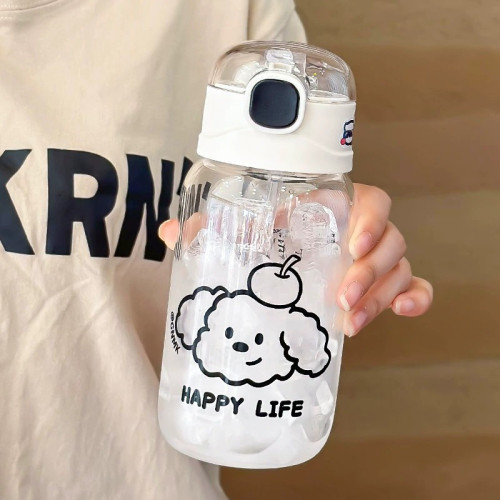 卡通圓圓蓋-可愛波波小狗玻璃杯自帶提環絲印設計矽膠吸嘴玻 卡通圓圓蓋-可愛波波小狗玻璃杯自帶提環絲印設計矽膠吸嘴玻