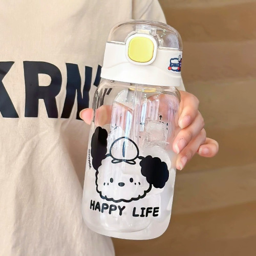 卡通圓圓蓋-可愛波波小狗玻璃杯自帶提環絲印設計矽膠吸嘴玻 卡通圓圓蓋-可愛波波小狗玻璃杯自帶提環絲印設計矽膠吸嘴玻