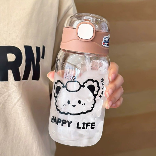 卡通圓圓蓋-可愛波波小狗玻璃杯自帶提環絲印設計矽膠吸嘴玻 卡通圓圓蓋-可愛波波小狗玻璃杯自帶提環絲印設計矽膠吸嘴玻