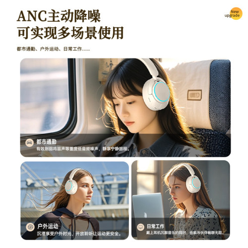 爆款ANC主動降噪頭戴式無線藍牙耳機 重低音可控燈大耳罩