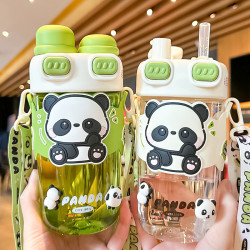 簡約熊貓雙飲水杯學生卡通夏天吸管杯女生可攜式高顔值兒童塑膠杯批