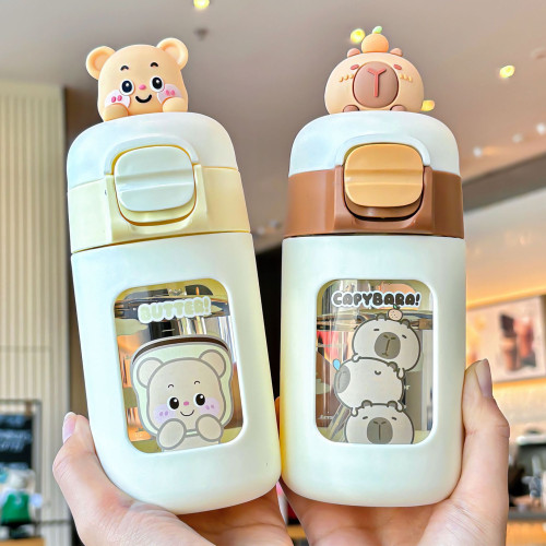 矽膠吸管玻璃水杯女高顔值防摔耐熱耐高溫可愛動物可攜式喝水杯夏季