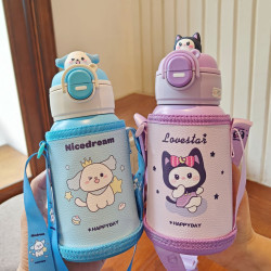 可愛公仔兒童保溫杯帶杯套防摔吸管水杯一杯雙飲真空杯子禮品