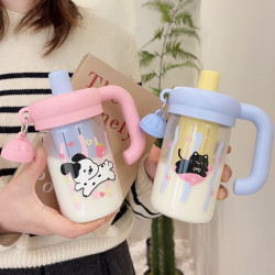 水杯玻璃杯女生泡茶杯2025新款夏季高顔值把手辦公室可愛吸管杯子