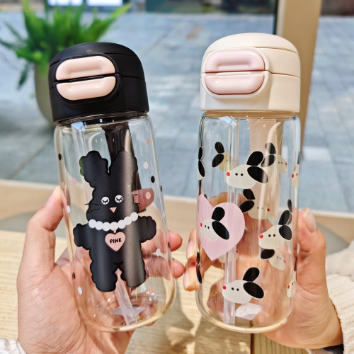 卡通吸管玻璃杯ins風可愛小狗男女生新款高硼矽耐熱可攜式雙飲杯批 卡通吸管玻璃杯ins風可愛小狗男女生新款高硼矽耐熱可攜式雙飲杯批