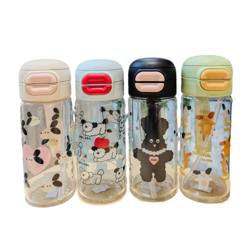 卡通吸管玻璃杯ins風可愛小狗男女生新款高硼矽耐熱可攜式雙飲杯批 卡通吸管玻璃杯ins風可愛小狗男女生新款高硼矽耐熱可攜式雙飲杯批