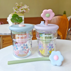 高顔值小花少女水杯炫彩帶茶隔高硼矽玻璃杯耐高溫辦公泡茶吸管杯