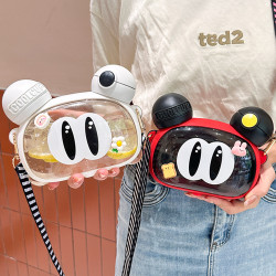 夏季大眼萌萌水杯創意雙飲杯高顔值帶吸管塑膠杯子學生戶外可攜式杯