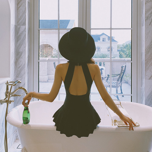 泳衣女純欲ins 風虞美人連體裙式小胸聚攏吊帶式度假溫泉沙灘泳衣