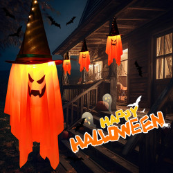 鬼節發光布藝巫師帽幽靈掛燈萬聖節氛圍庭院屋簷裝飾布置掛件道具