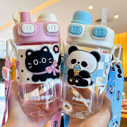 卡通小貓系列雙蓋塑膠杯杯帶繩方可攜式帶卡通杯套矽膠吸管飲水杯批