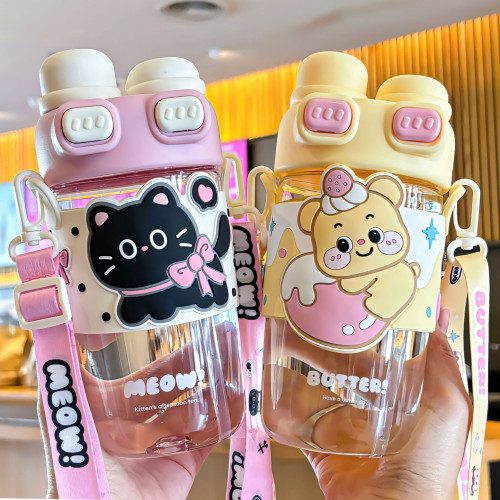 卡通小貓系列雙蓋塑膠杯杯帶繩方可攜式帶卡通杯套矽膠吸管飲水杯批 卡通小貓系列雙蓋塑膠杯杯帶繩方可攜式帶卡通杯套矽膠吸管飲水杯批