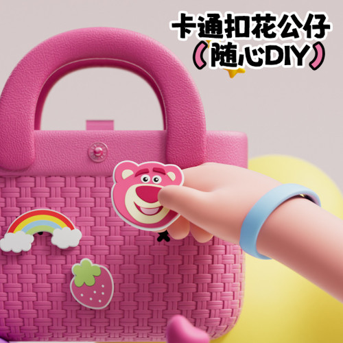 草莓熊兒童包包女可愛斜後背包多巴胺大容量小巧竹編紋理手提小挎包