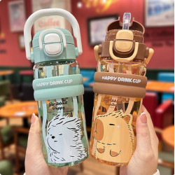 卡通提手隨手塑膠杯夏季戶外學生雙飲吸管杯可攜式大容量太空杯